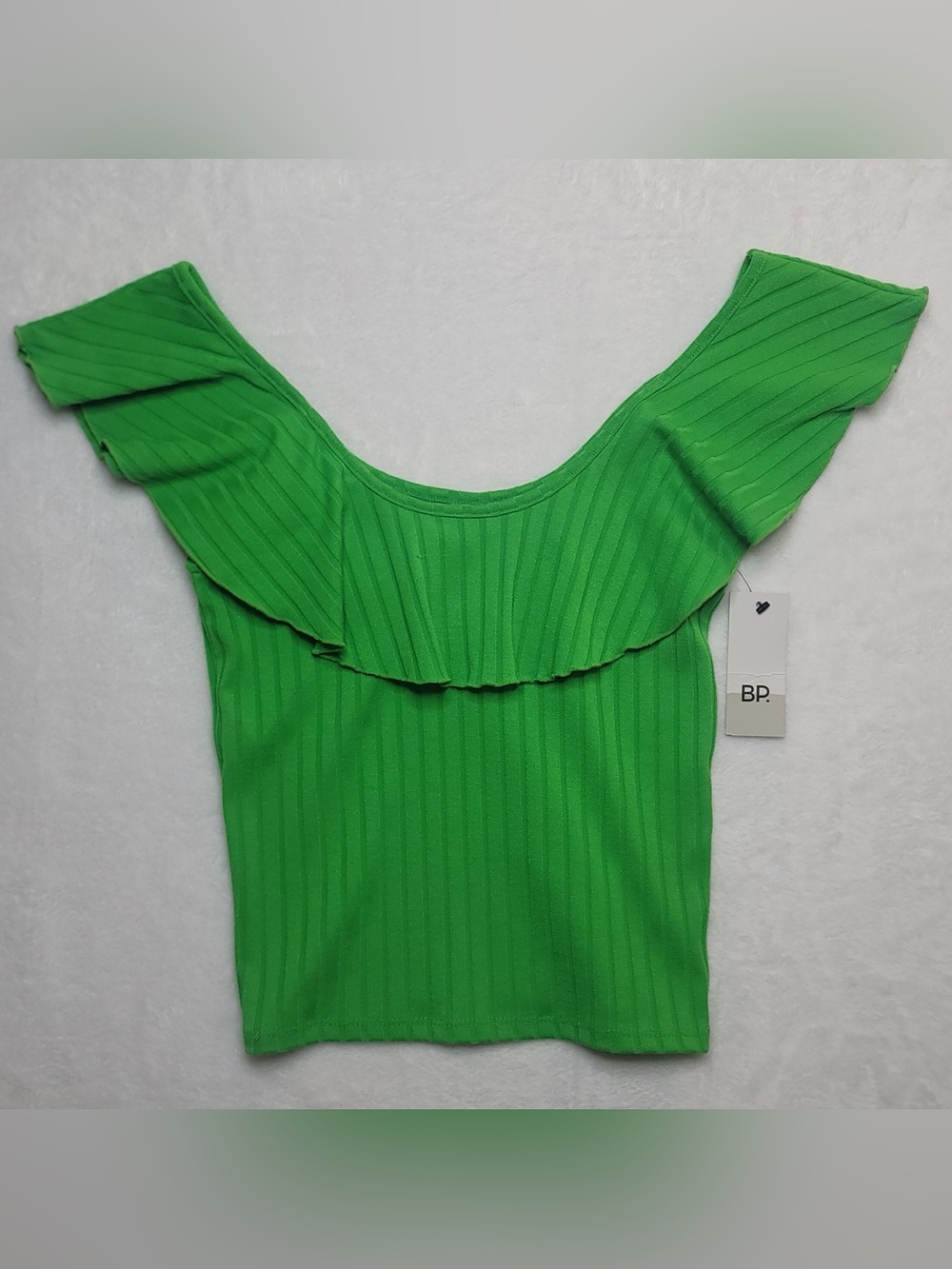 BP Womens Bright Green Ribbed Ruffle Short Sleeve Top XXS New w/ Imperfections